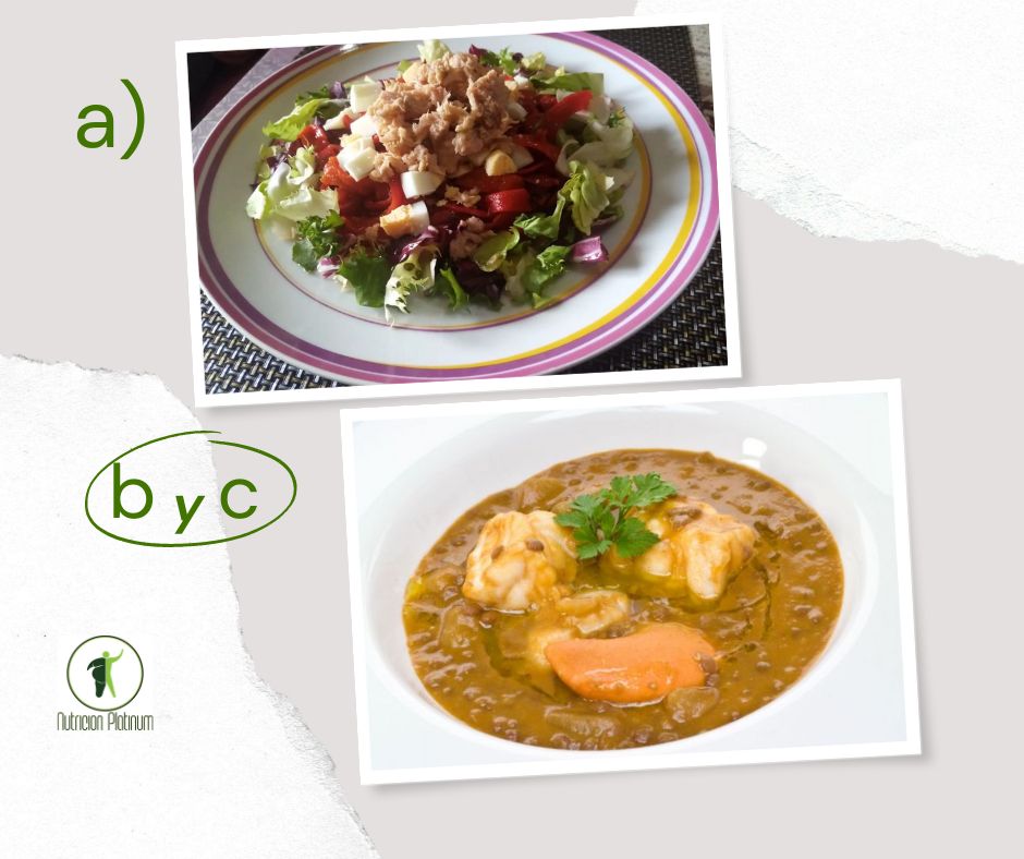 Ensalada de pimientos asados atún y huevo con guiso marinero de lentejas